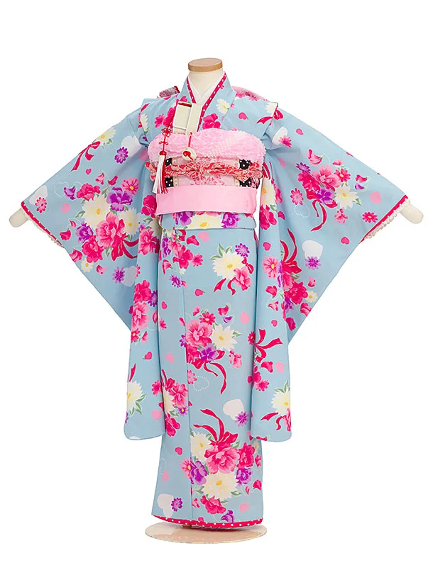 七五三レンタル(6歳7歳女児袋帯) C743 水色 花リボン