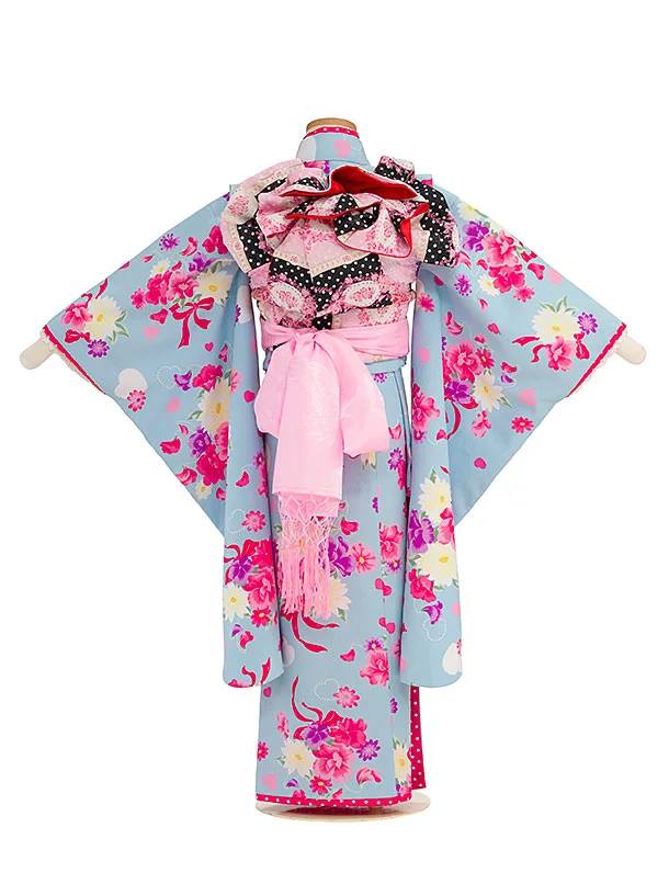 七五三レンタル(6歳7歳女児袋帯) C743 水色 花リボン