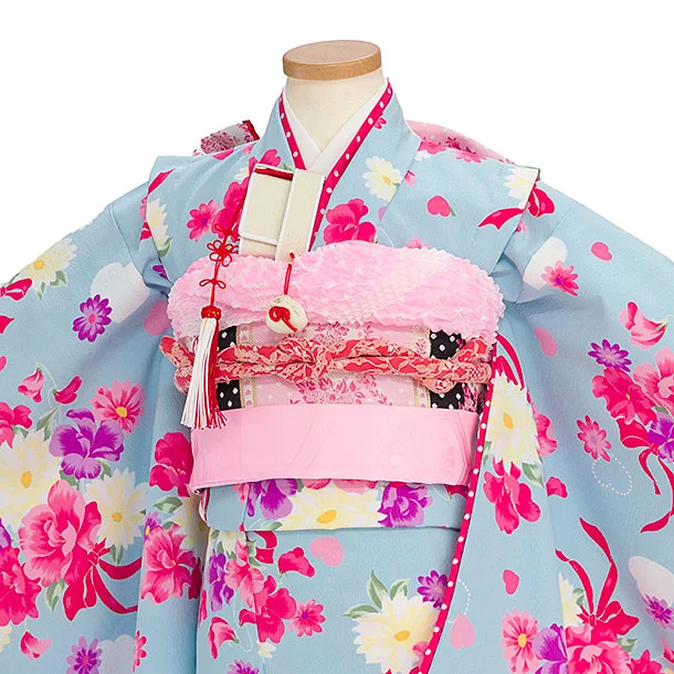 七五三レンタル(6歳7歳女児袋帯) C743 水色 花リボン