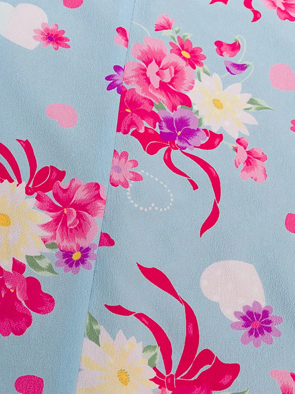 七五三レンタル(6歳7歳女児袋帯) C743 水色 花リボン