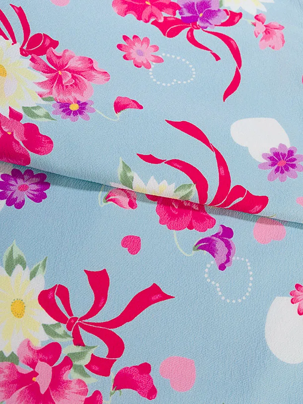 七五三レンタル(6歳7歳女児袋帯) C743 水色 花リボン