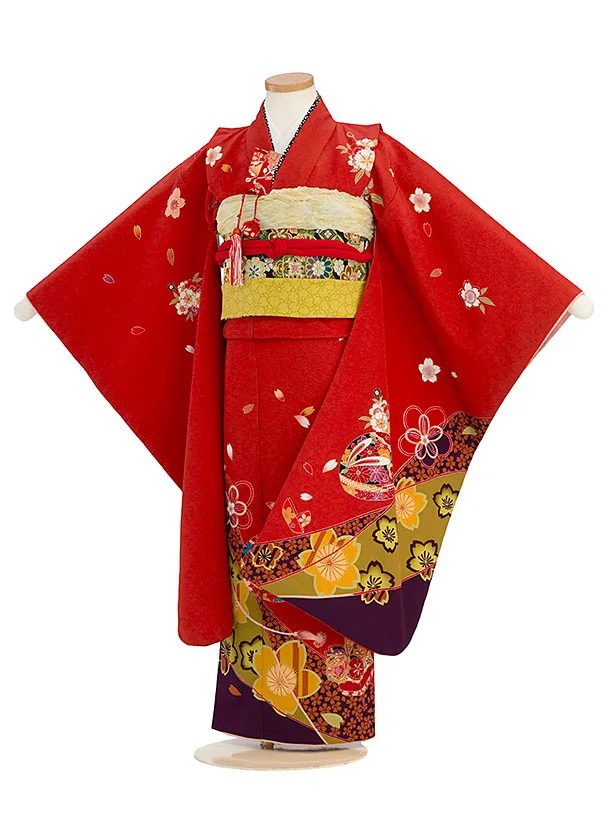 七五三レンタル(7歳女児結び帯) C746 朱赤 桜