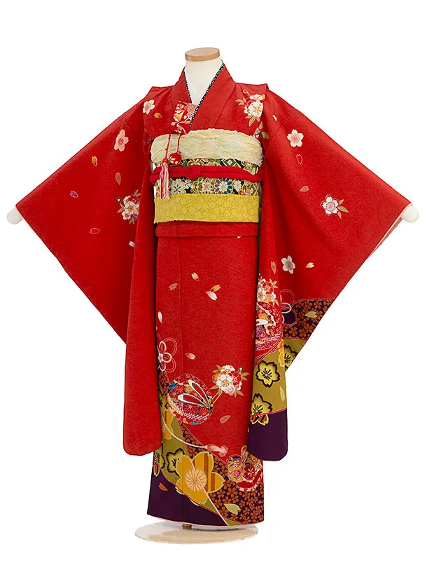 七五三レンタル(7歳女児結び帯) C746 朱赤 桜