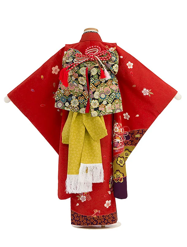 七五三レンタル(7歳女児結び帯) C746 朱赤 桜