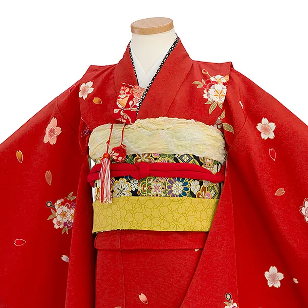 七五三レンタル(7歳女児結び帯) C746 朱赤 桜