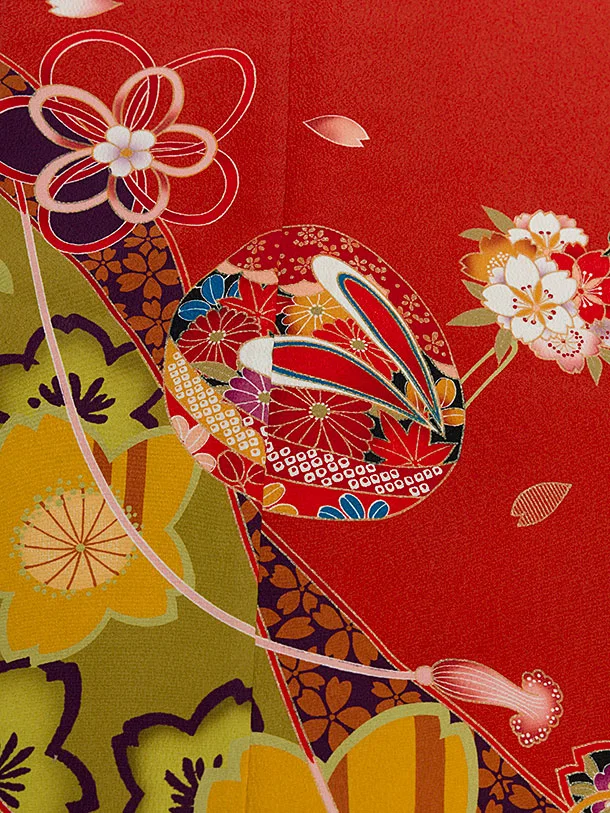 七五三レンタル(7歳女児結び帯) C746 朱赤 桜
