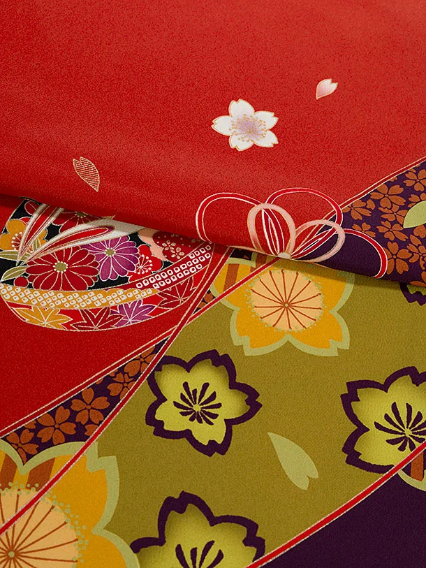 七五三レンタル(7歳女児結び帯) C746 朱赤 桜