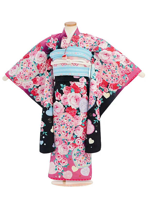 七五三レンタル(7歳女児袋帯) C747 黒地 バラハート