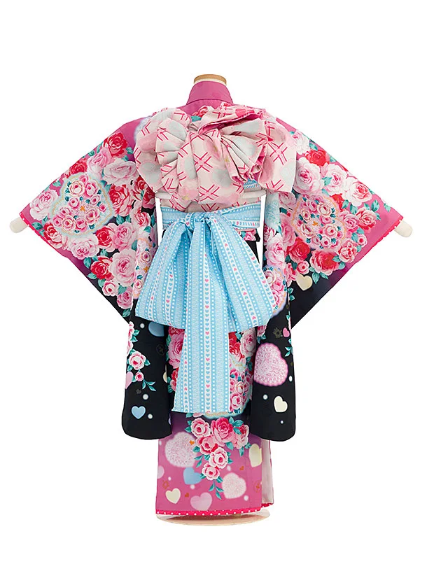 七五三レンタル(7歳女児袋帯) C747 黒地 バラハート