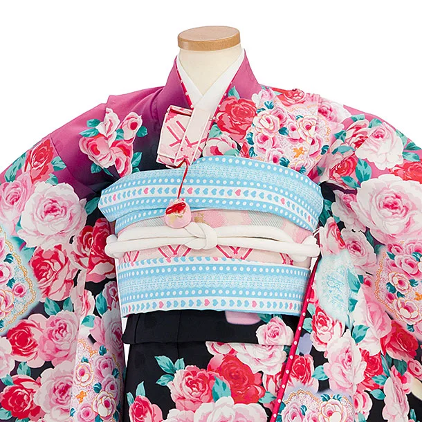 七五三レンタル(7歳女児袋帯) C747 黒地 バラハート