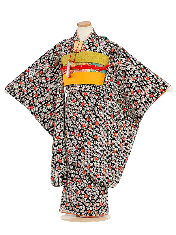 七五三レンタル(7歳女児袋帯) C748 黒地 桜麻の葉