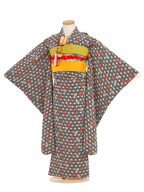 七五三レンタル(7歳女児袋帯) C748 黒地 桜麻の葉