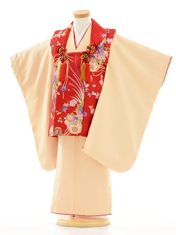 七五三レンタル(3歳女被布)D071赤×ｸﾘｰﾑ