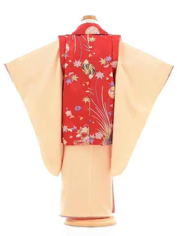 七五三レンタル(3歳女被布)D071赤×ｸﾘｰﾑ