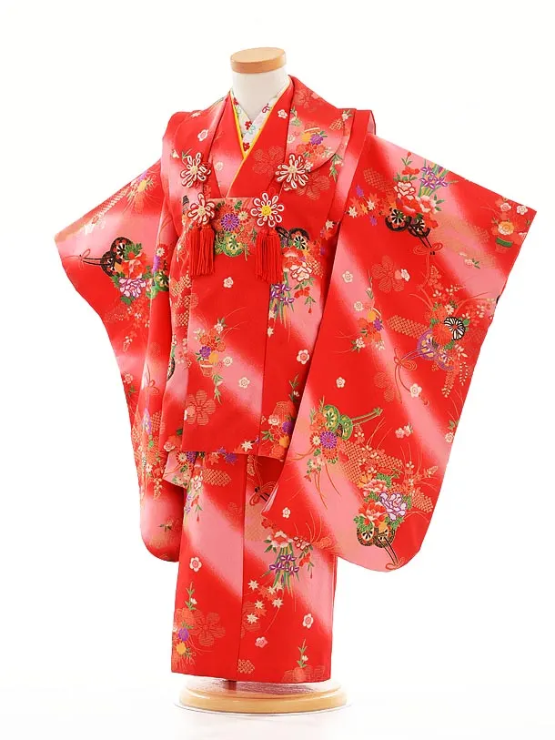 七五三レンタル(3歳女被布)D073赤ﾋﾟﾝｸぼかし