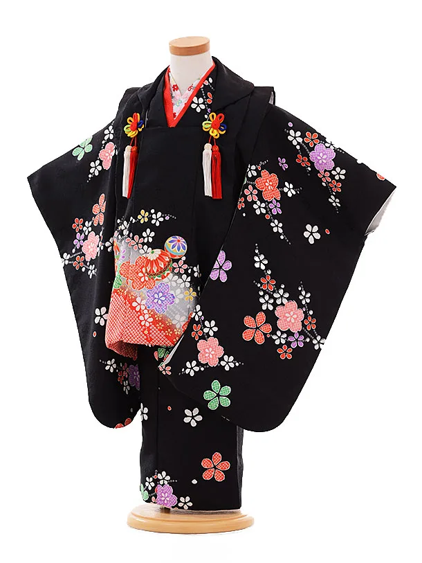 七五三レンタル(3歳女被布)D090 黒×黒 まり花