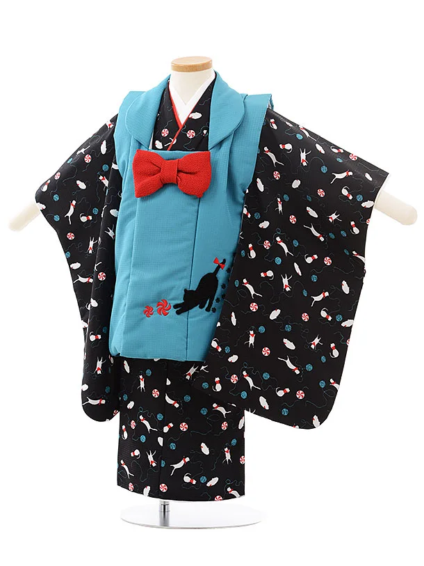 七五三レンタル(3歳女児被布)D108ﾀｰｺｲｽﾞ×黒地ねこ