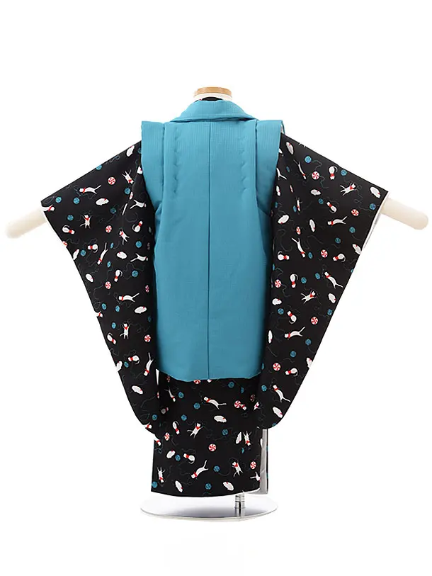 七五三レンタル(3歳女児被布)D108ﾀｰｺｲｽﾞ×黒地ねこ