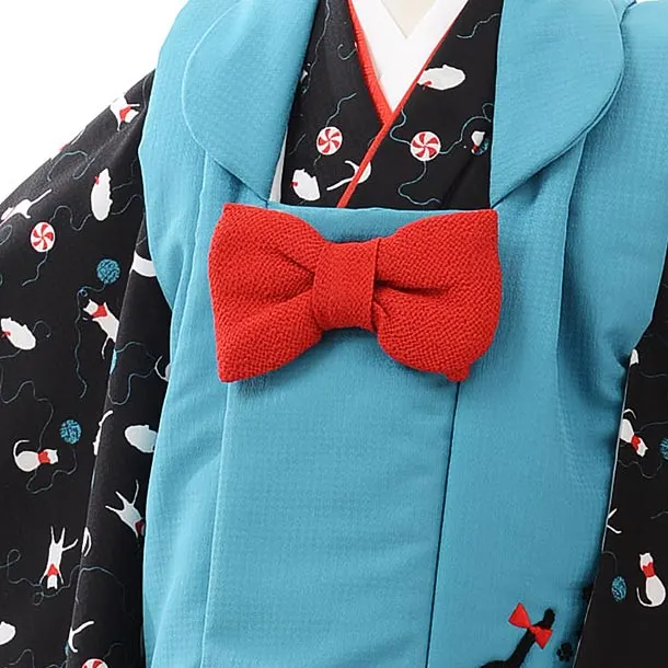 七五三レンタル(3歳女児被布)D108ﾀｰｺｲｽﾞ×黒地ねこ