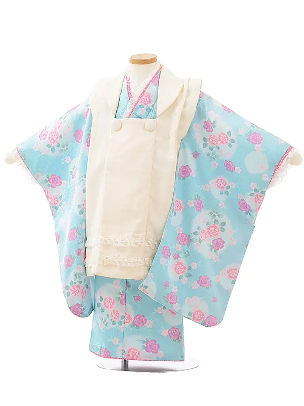 七五三レンタル(3歳女児被布)D113ｸﾘｰﾑ色ﾚｰｽ×水色ﾊﾞﾗ