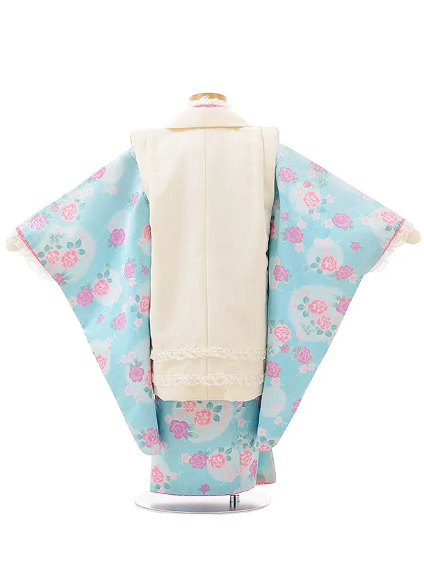 七五三レンタル(3歳女児被布)D113ｸﾘｰﾑ色ﾚｰｽ×水色ﾊﾞﾗ