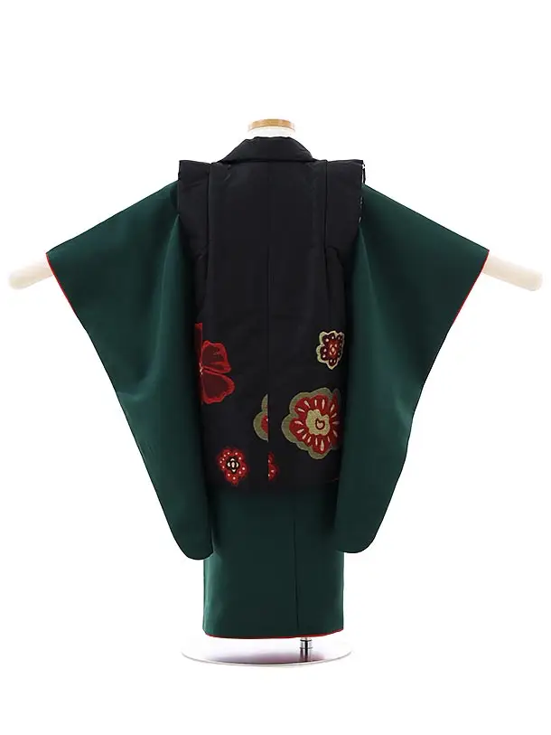 七五三レンタル(3歳女児被布) D119 黒×緑 大華