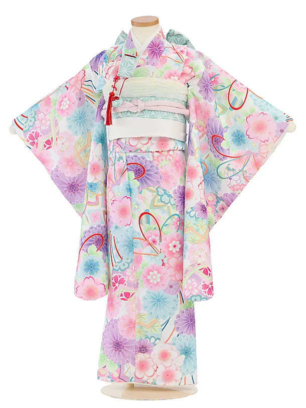 七五三レンタル(5歳女児結び帯) F302 白地 花まり