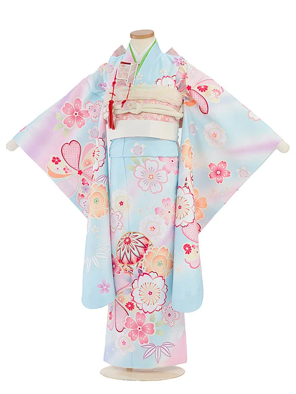 七五三レンタル(7歳女児結び帯) F304 淡水色 桜まり