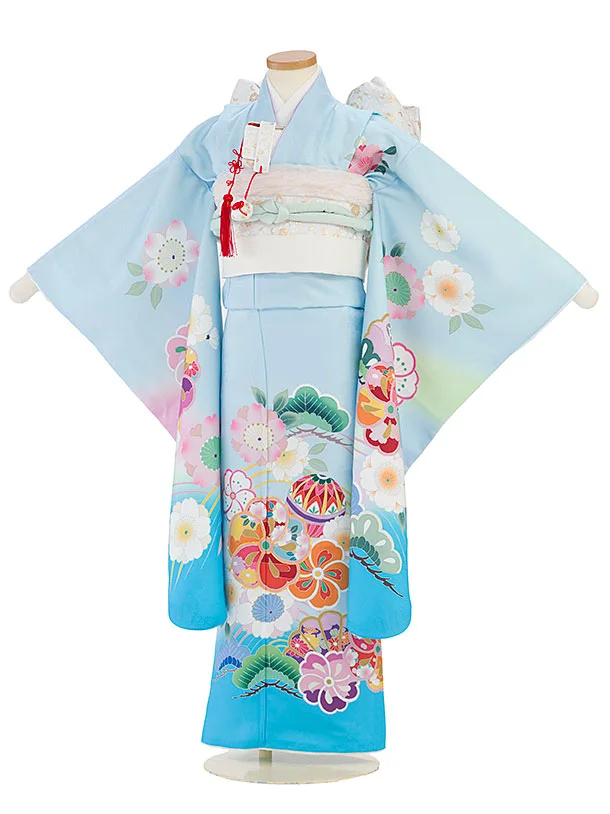七五三レンタル(7歳女児結び帯) F306 水色ぼかし 花まり