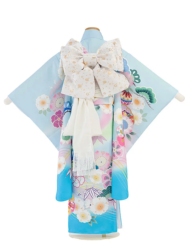 七五三レンタル(7歳女児結び帯) F306 水色ぼかし 花まり