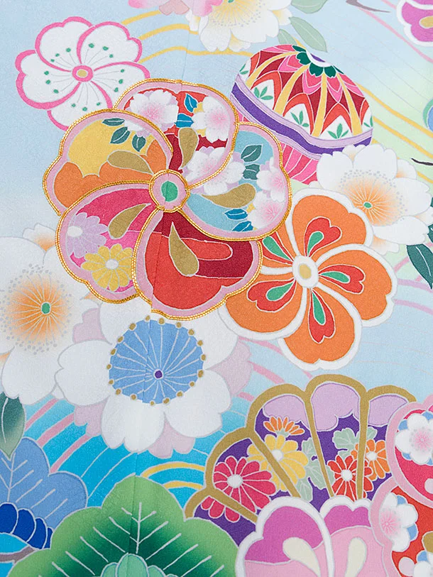 七五三レンタル(7歳女児結び帯) F306 水色ぼかし 花まり