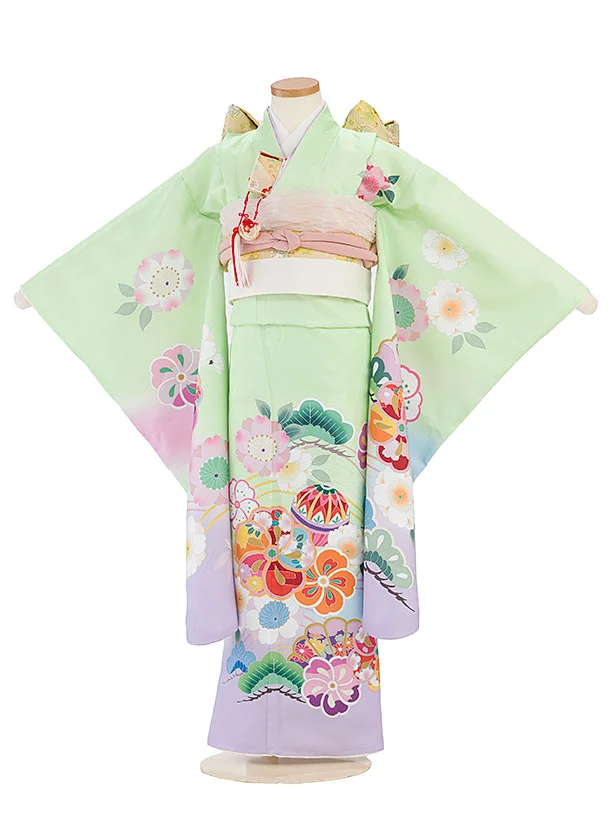 七五三レンタル(7歳女児結び帯) F307 黄緑×紫ぼかし 花まり