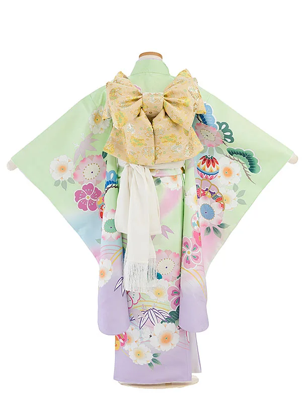 七五三レンタル(7歳女児結び帯) F307 黄緑×紫ぼかし 花まり