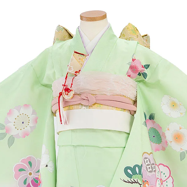 七五三レンタル(7歳女児結び帯) F307 黄緑×紫ぼかし 花まり