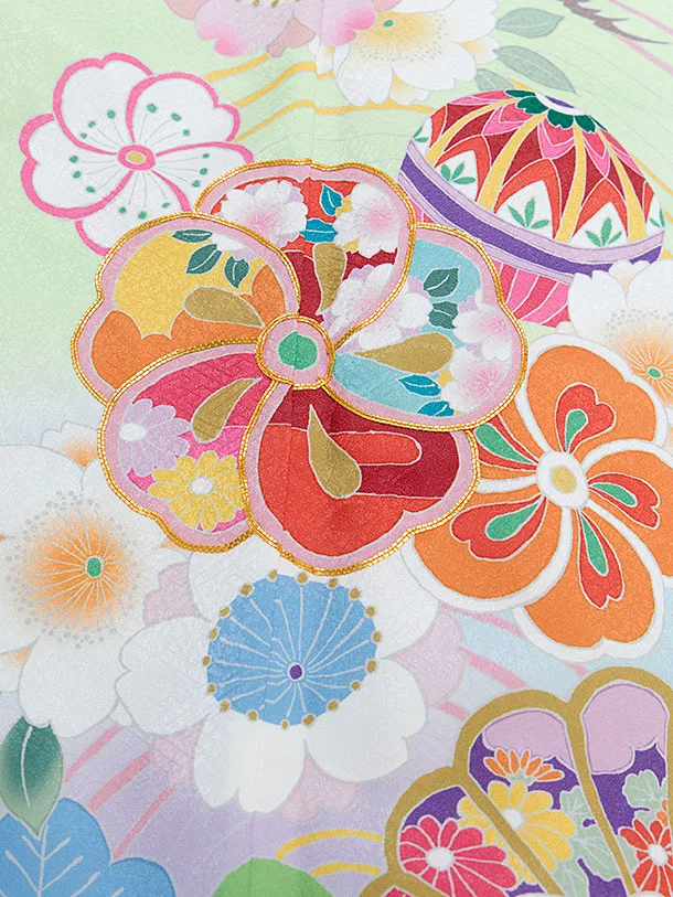 七五三レンタル(7歳女児結び帯) F307 黄緑×紫ぼかし 花まり