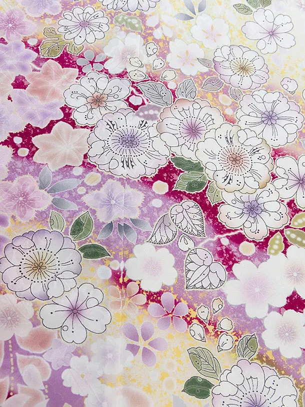 【正絹】七五三レンタル(7歳女児結び帯)F310 ベージュ×ワインぼかし辻ヶ花風
