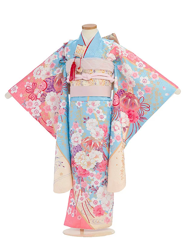 七五三レンタル(7歳女児結び帯) F313 水色 桜まり