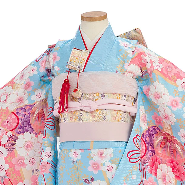 七五三レンタル(7歳女児結び帯) F313 水色 桜まり