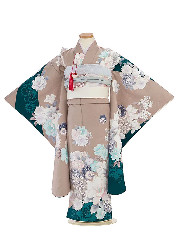 七五三レンタル(7歳8歳女児結び帯) F324 ベージュ×グリーン 花華