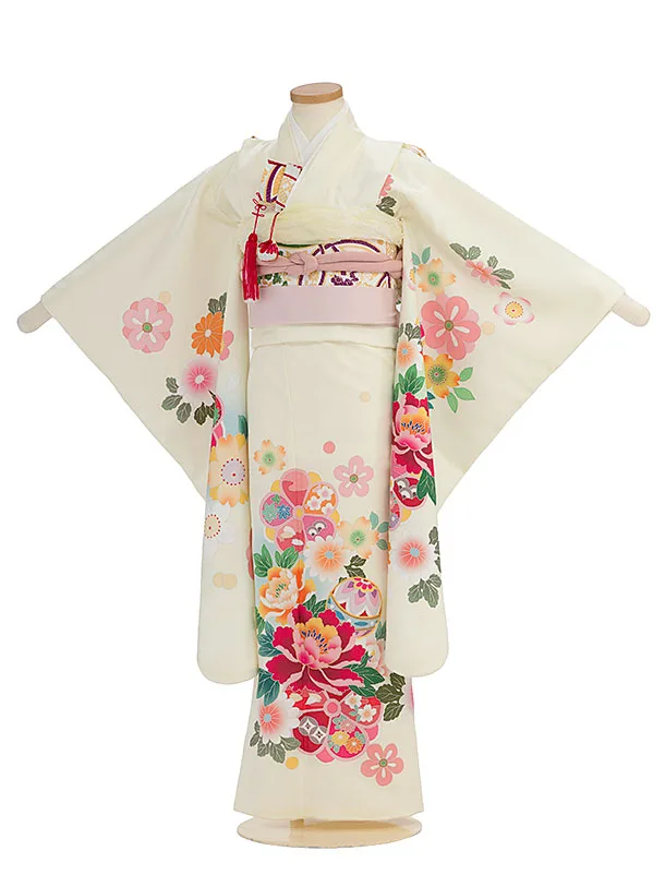 七五三レンタル(6歳7歳女児結び帯) F326 クリーム 花まり