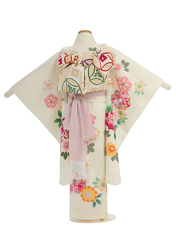 七五三レンタル(6歳7歳女児結び帯) F326 クリーム 花まり