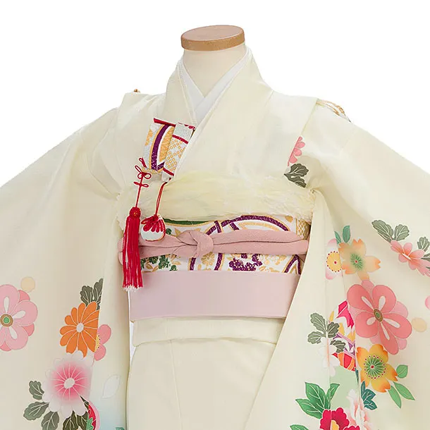 七五三レンタル(6歳7歳女児結び帯) F326 クリーム 花まり