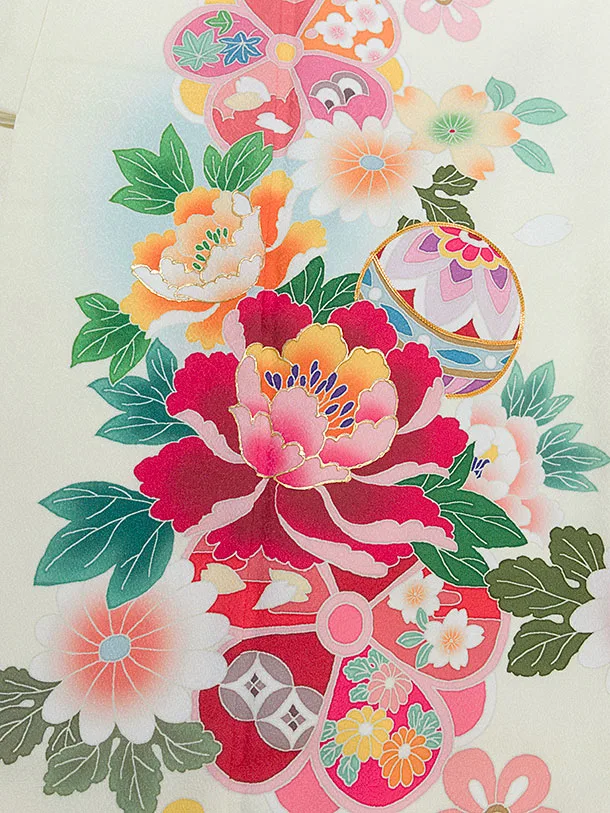 七五三レンタル(6歳7歳女児結び帯) F326 クリーム 花まり