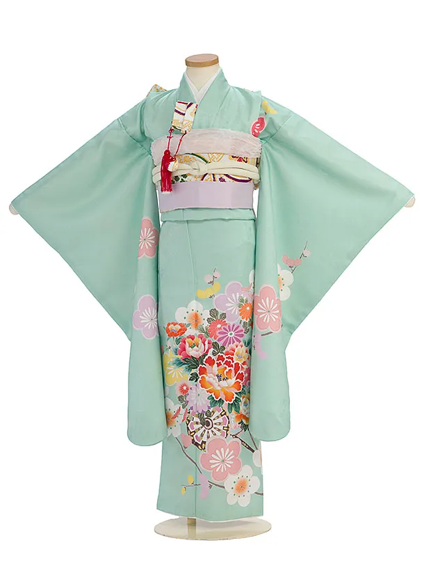 七五三レンタル(7歳女児結び帯) F328 薄青緑 花まり