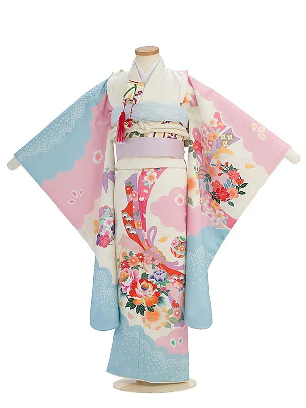 七五三レンタル(7歳女児結び帯) F331 オフホワイト水色ピンク 華熨斗