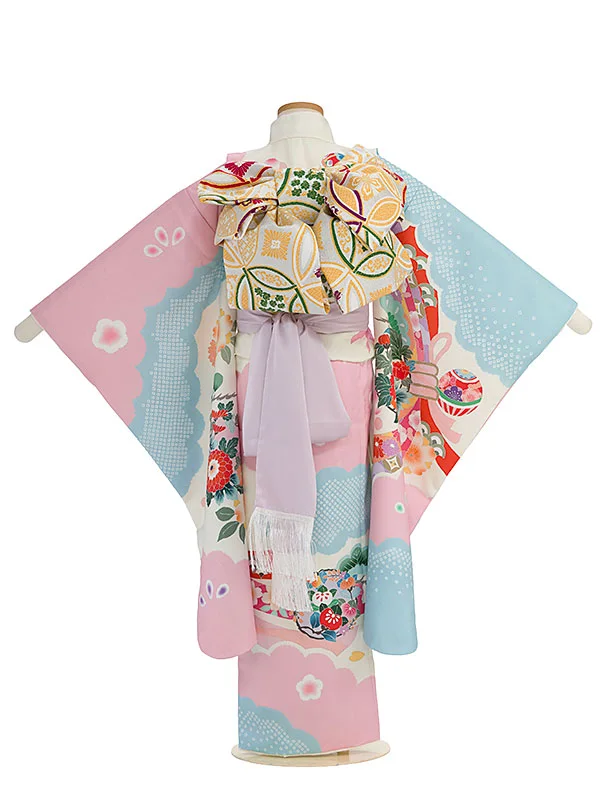 七五三レンタル(7歳女児結び帯) F331 オフホワイト水色ピンク 華熨斗