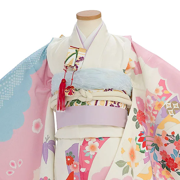 七五三レンタル(7歳女児結び帯) F331 オフホワイト水色ピンク 華熨斗