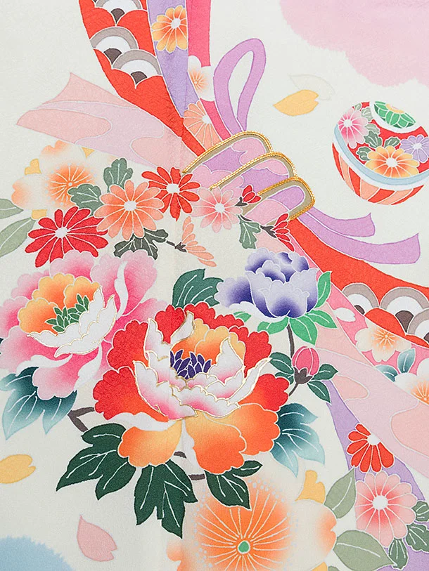 七五三レンタル(7歳女児結び帯) F331 オフホワイト水色ピンク 華熨斗