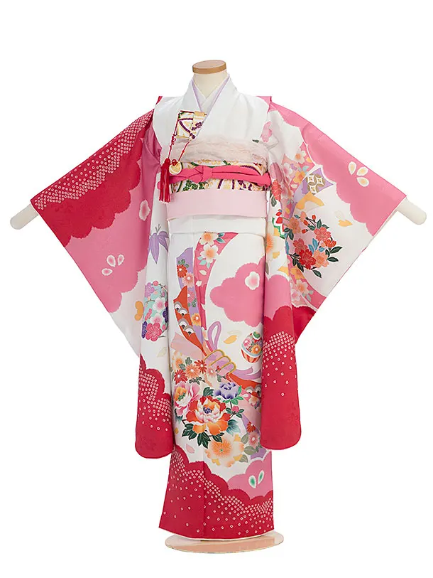 七五三レンタル(6歳7歳女児結び帯) F333 白赤ピンク 雲取り花熨斗
