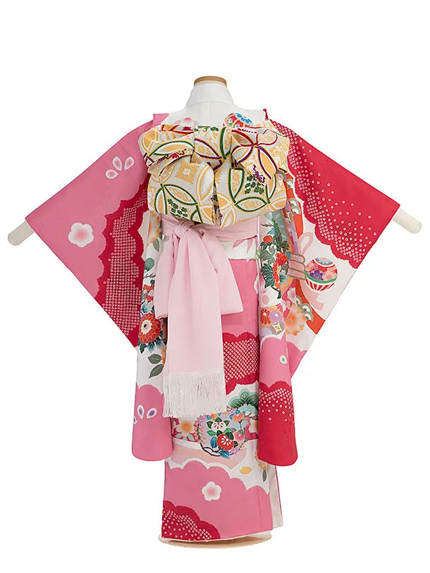 七五三レンタル(6歳7歳女児結び帯) F333 白赤ピンク 雲取り花熨斗